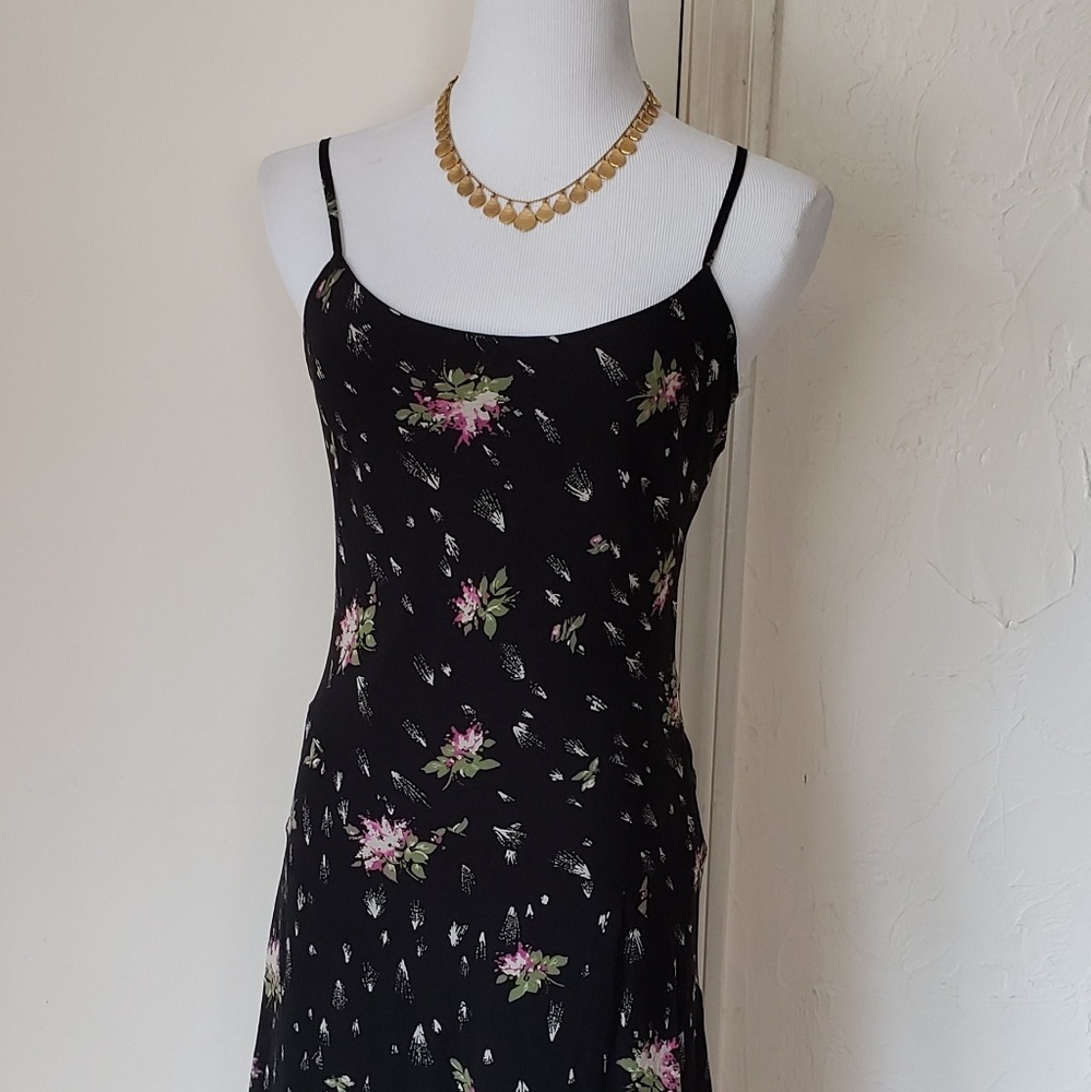 Black floral silk crepe slip dress